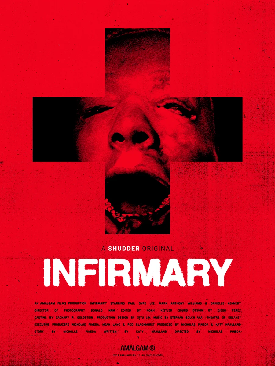 Póster oficial de Infirmary con un rostro rojo en una cruz negra