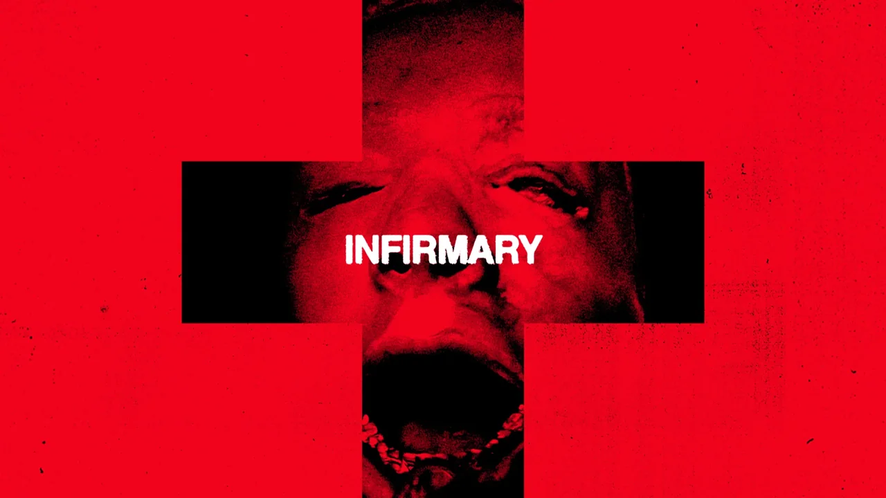 Arte promocional del teaser de Infirmary: un rostro rojo dentro de una cruz negra y el título de la película