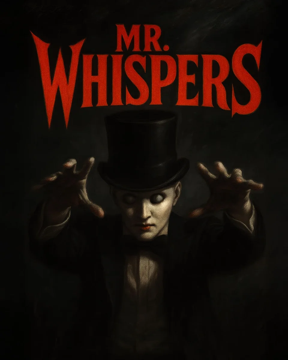 Póster oficial de Mr Whispers: título rojo y figura con sombrero y rostro pálido